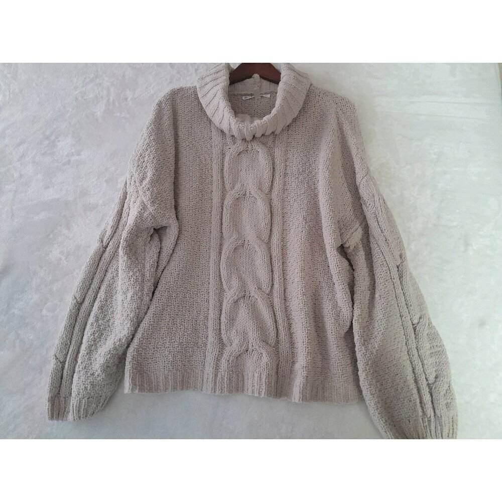 Seven 7 Chunky Cable Knit Chenille Turtleneck Sweater XL Balloon Sleeve Lt Beige